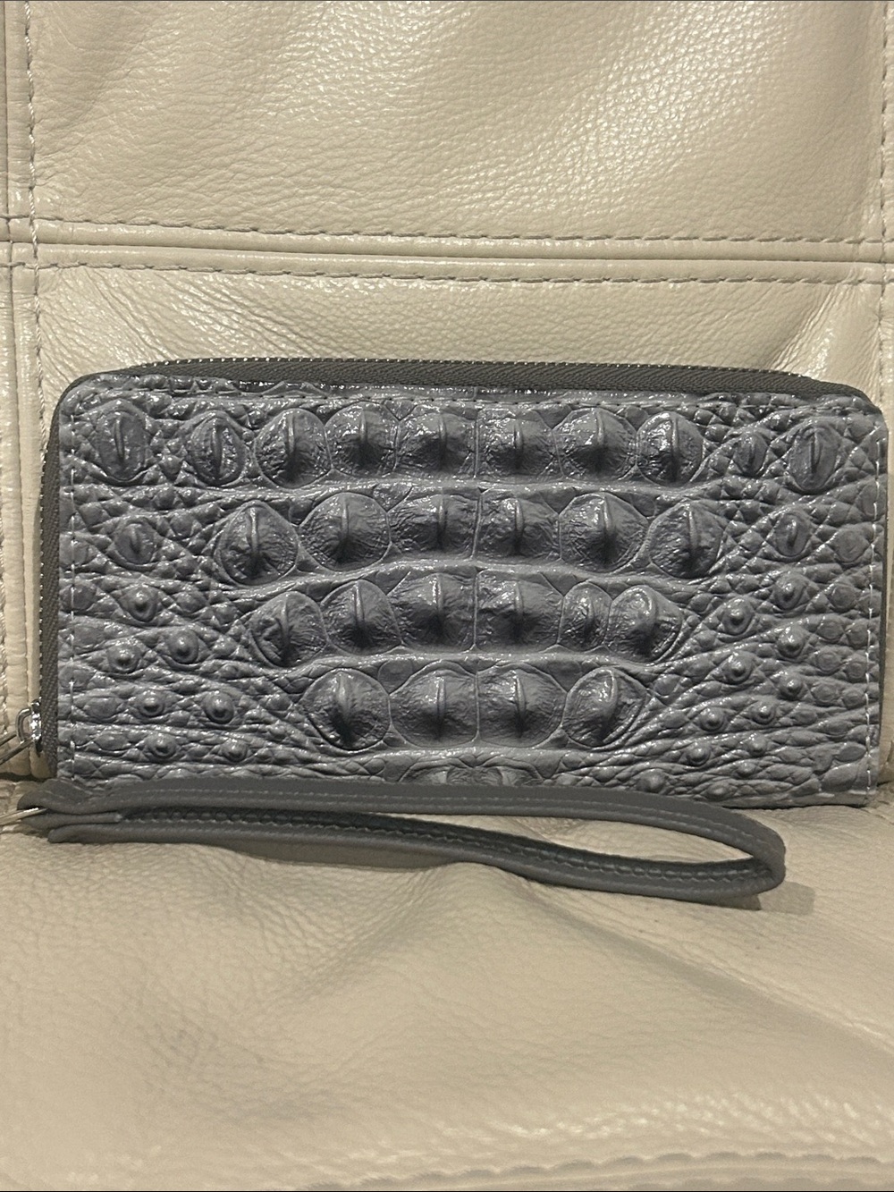 Croc-Embossed Textured Gray Wristlet Wallet